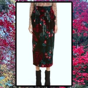 DRIES VAN NOTEN SOFYA BLACK FLORAL PRINT VELVET MIDI SKIRT